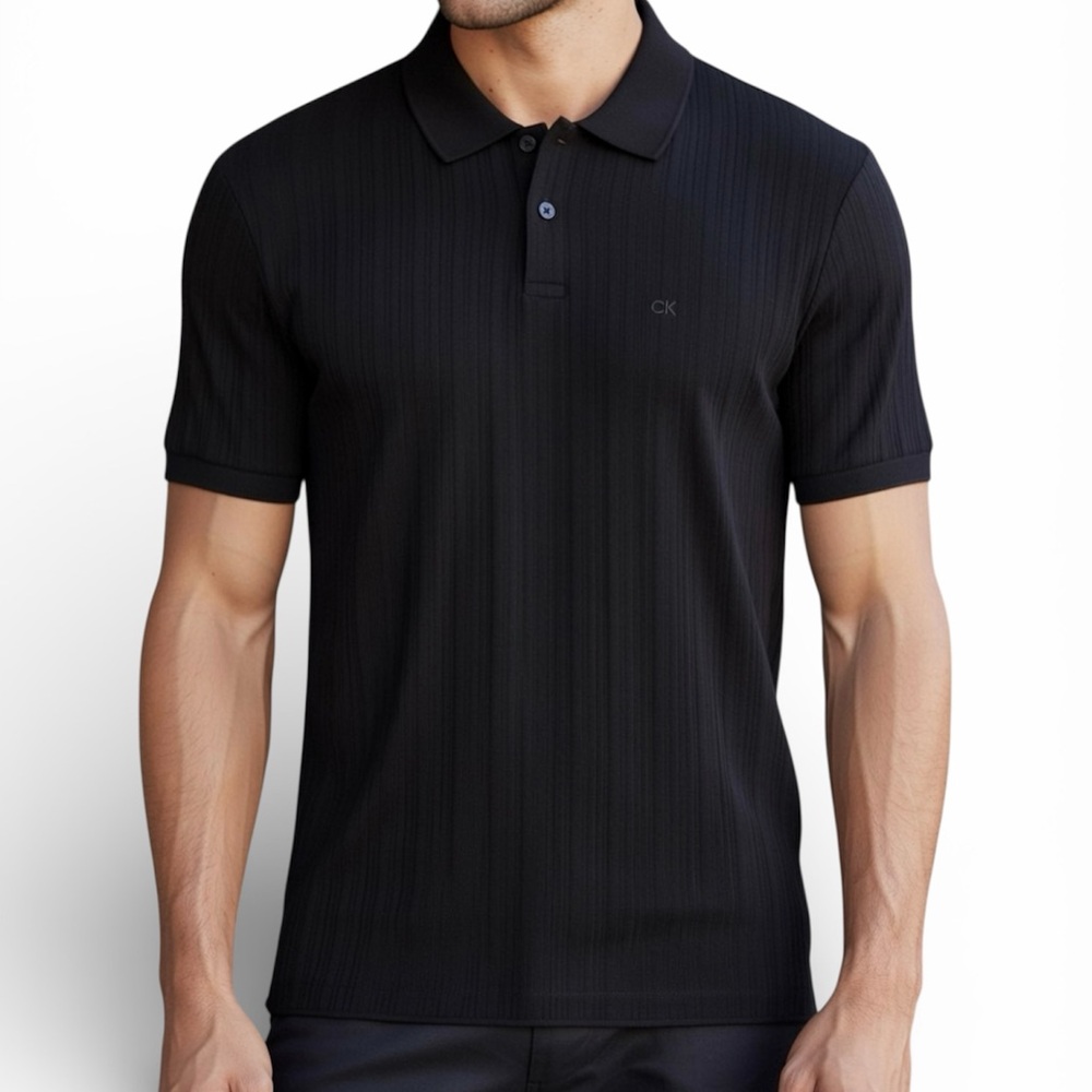 Calvin Klein Men's Black Short-Sleeve Ribbed Polo Shirt - Size M